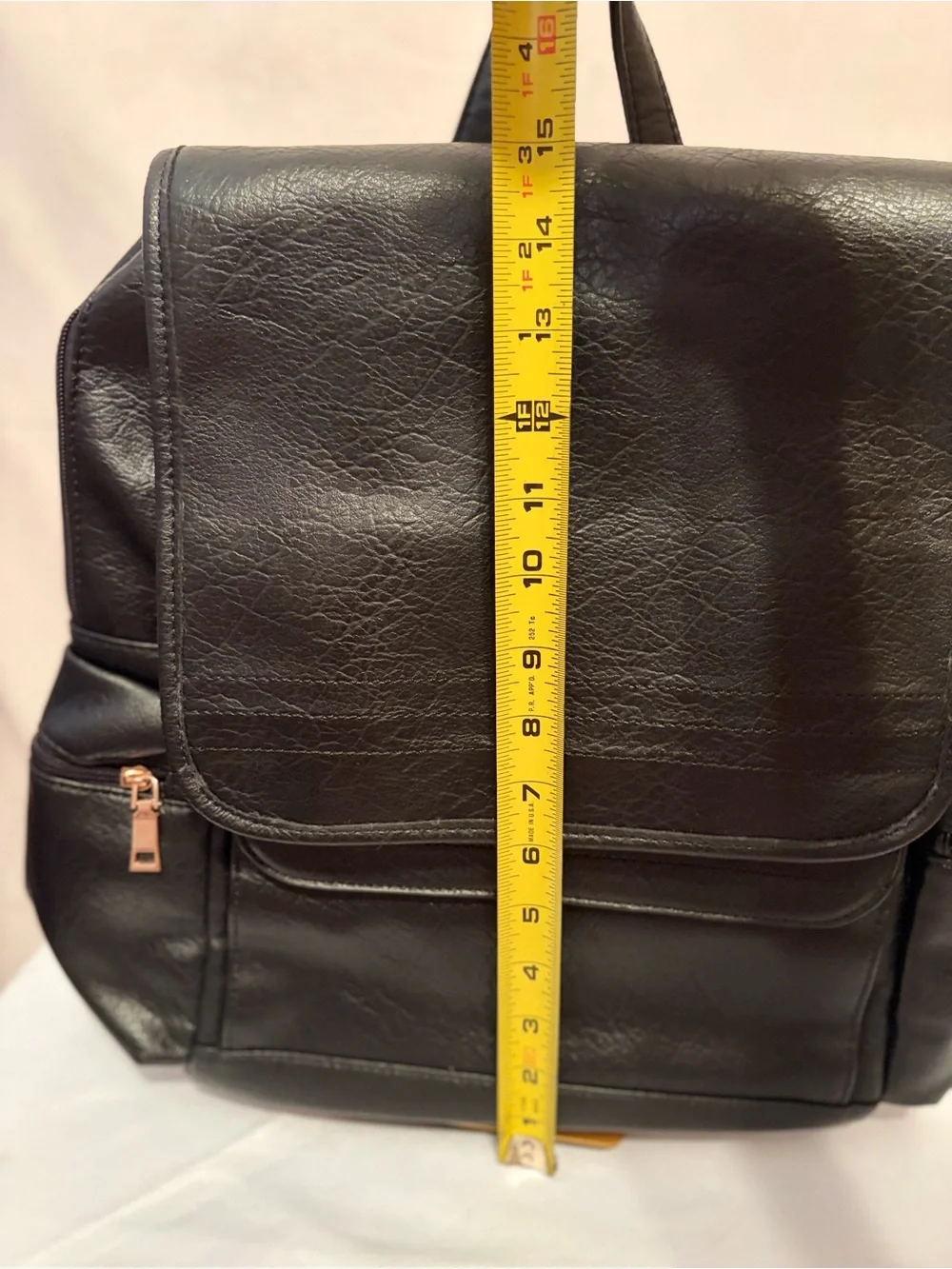 NWT Black Faux Leather Backpack with Front Flap & Zip Side Pockets.